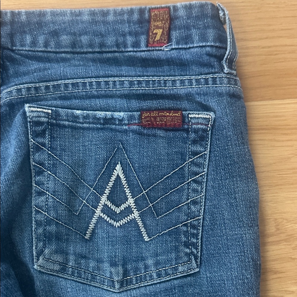 7 For All Mankind Women's Boot Cut Jeans - Blue Denim with Contrast Stitching